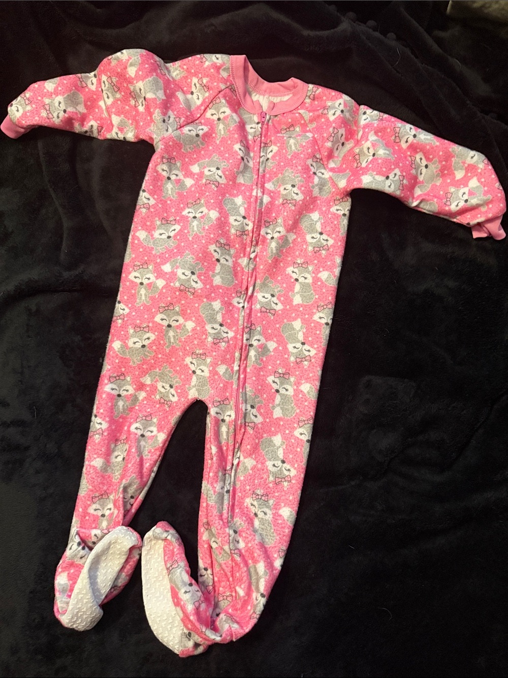 Girls' Pink Fox Print Footed One-Piece Pajamas with Zipper